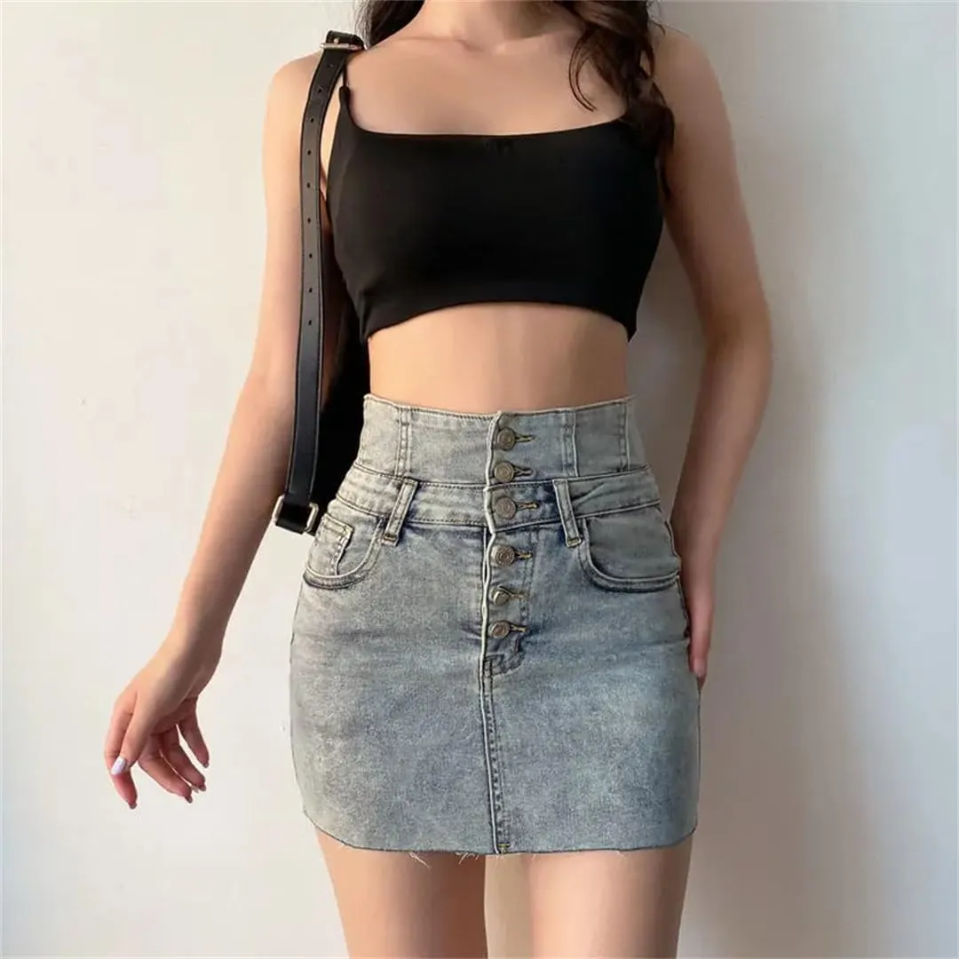 Women's Denim Skirt Tight A-Line Hip Sexy High-Waisted Vintage Summer Wrap Mini Skirts for Short