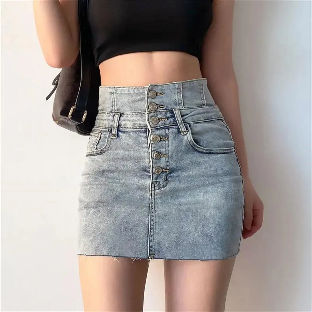 Women's Denim Skirt Tight A-Line Hip Sexy High-Waisted Vintage Summer Wrap Mini Skirts for Short