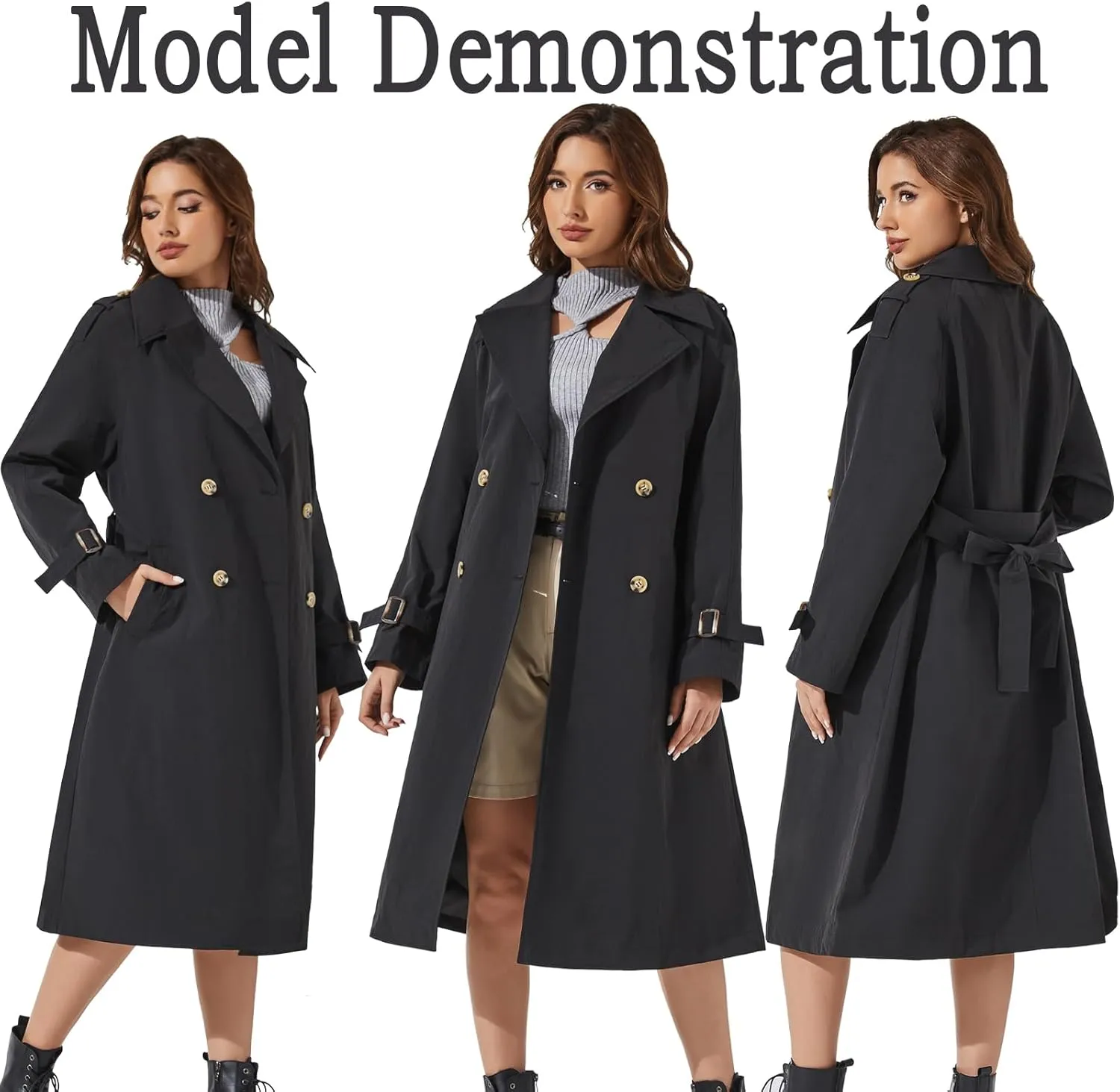 Women's Double Breasted Long Trench Coat Windproof Classic Lapel | Side Pocket Thin Coat With Belt.