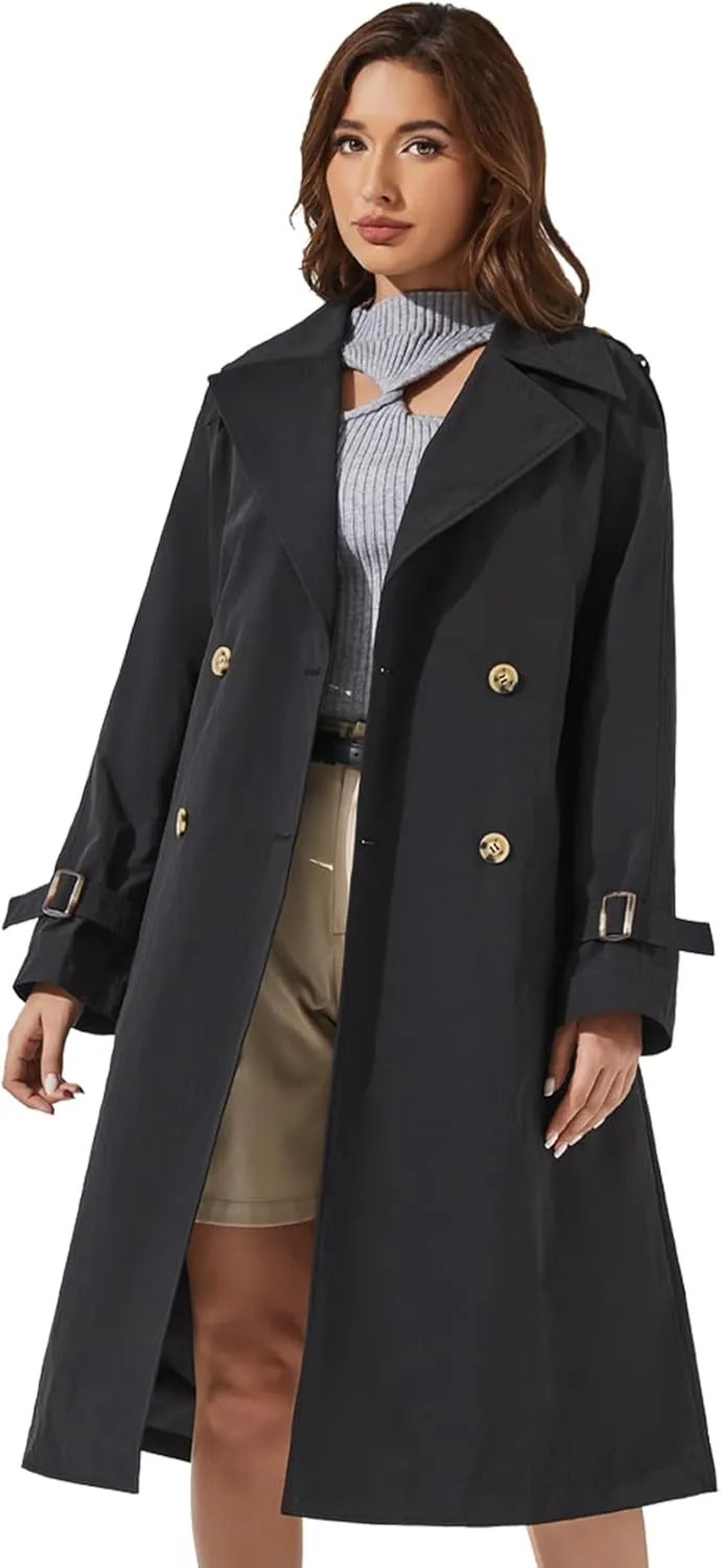 Women's Double Breasted Long Trench Coat Windproof Classic Lapel | Side Pocket Thin Coat With Belt.
