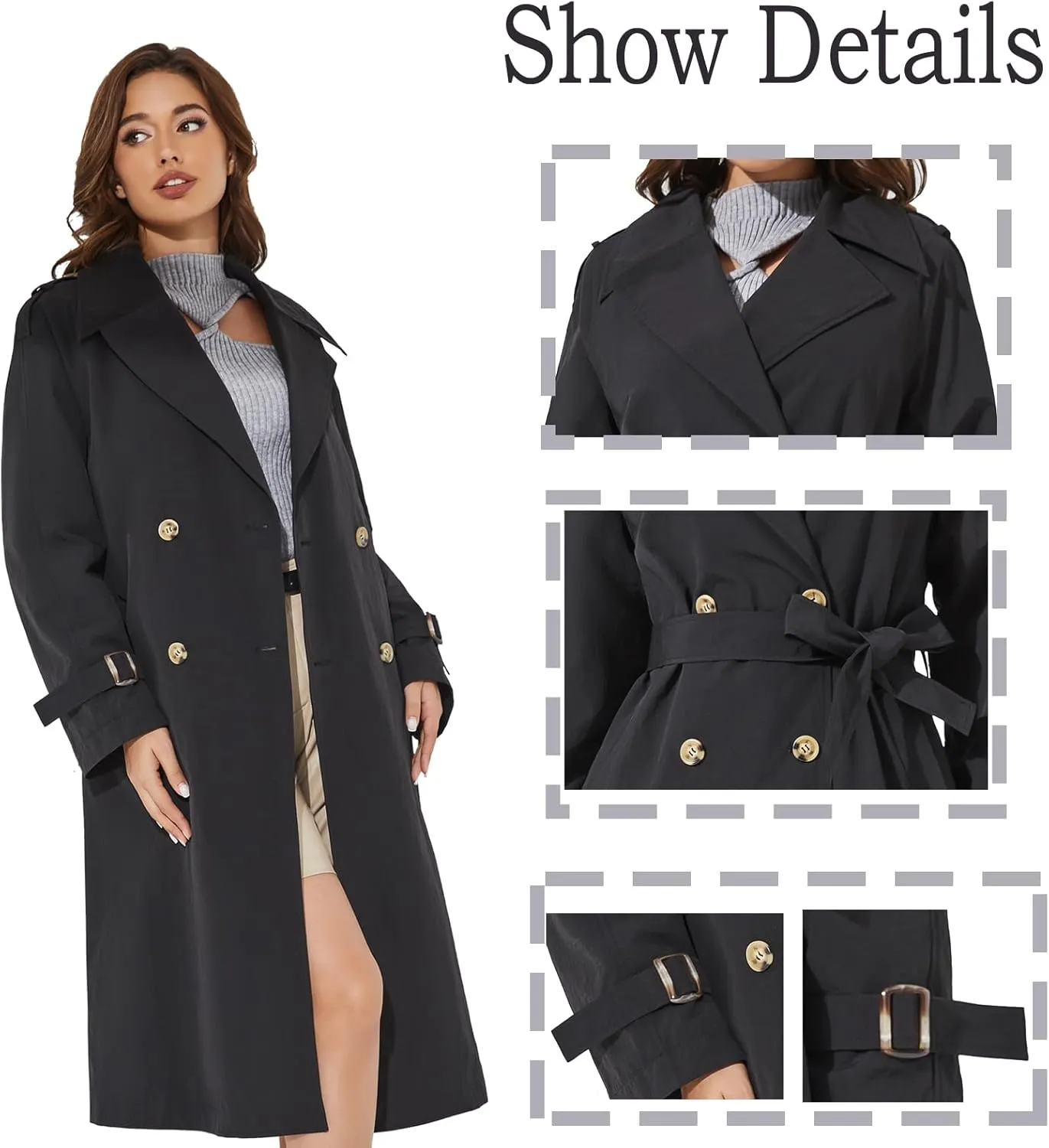 Women's Double Breasted Long Trench Coat Windproof Classic Lapel | Side Pocket Thin Coat With Belt.