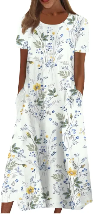Womens Dress Pleated Loose Round Neck Daily with Pocket Midi Classic Dressy Ladies Short-Sleeve Trendy with Pocket