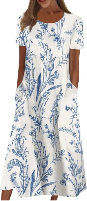 Womens Dress Pleated Loose Round Neck Daily with Pocket Midi Classic Dressy Ladies Short-Sleeve Trendy with Pocket