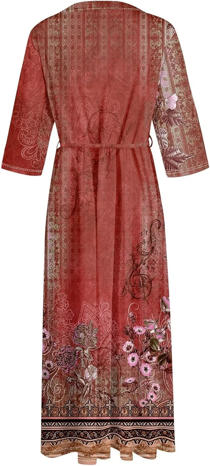 Womens Dresses Lapel Neck Boho Floral Long Dress 3/4 Sleeve A-Line Maxi Dress Lace-Up Button Vacation Dress