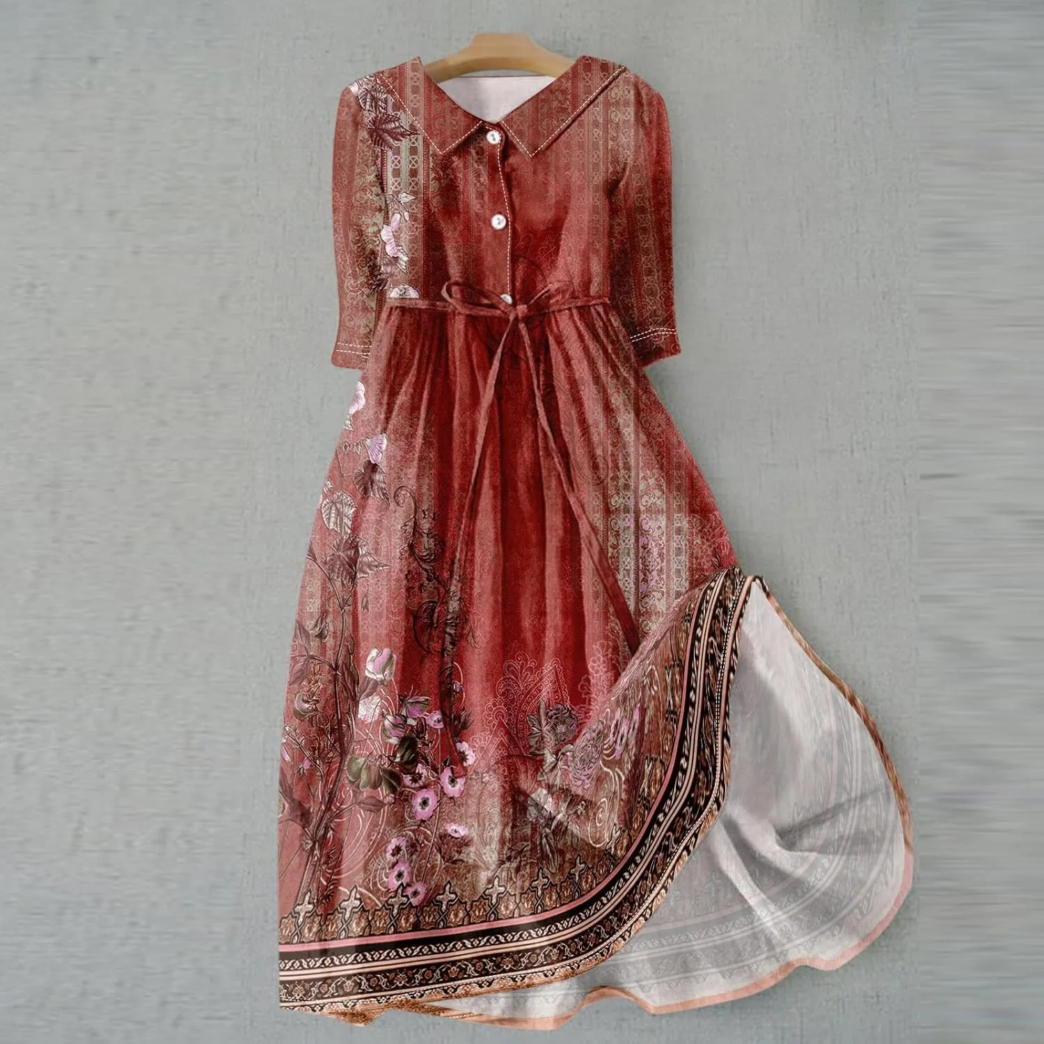 Womens Dresses Lapel Neck Boho Floral Long Dress 3/4 Sleeve A-Line Maxi Dress Lace-Up Button Vacation Dress
