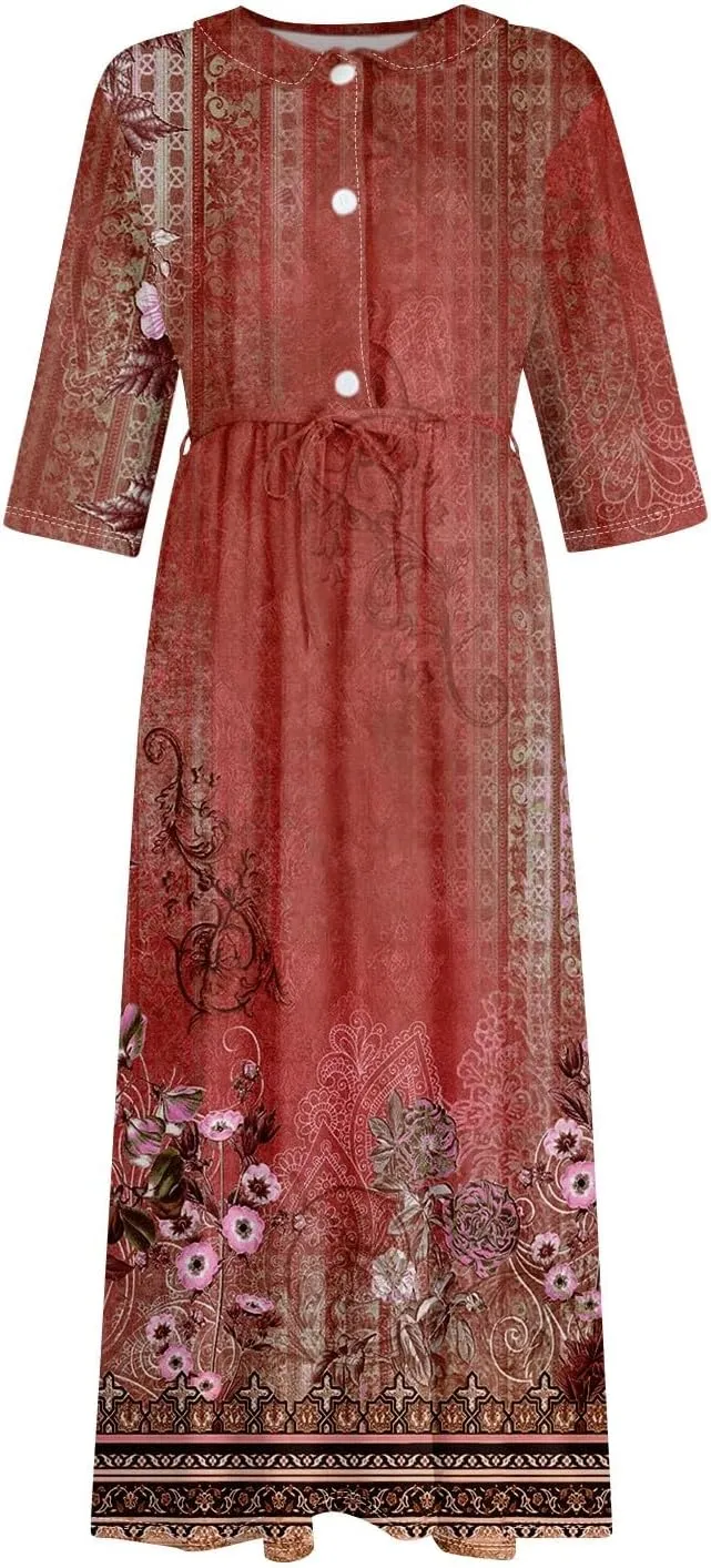 Womens Dresses Lapel Neck Boho Floral Long Dress 3/4 Sleeve A-Line Maxi Dress Lace-Up Button Vacation Dress