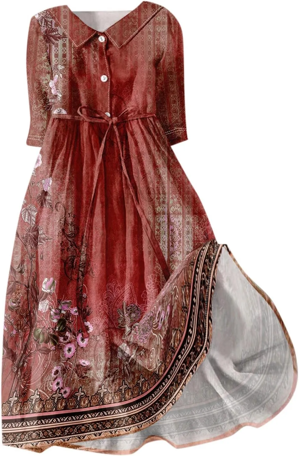 Womens Dresses Lapel Neck Boho Floral Long Dress 3/4 Sleeve A-Line Maxi Dress Lace-Up Button Vacation Dress