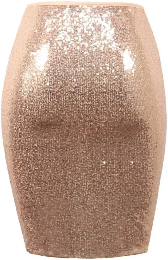 Women's Fashion Slim Fit High Waist Sparkly Sequins Midi Skirts Pencil Stretchy Bodycon Glitter Cocktail Party Skirt