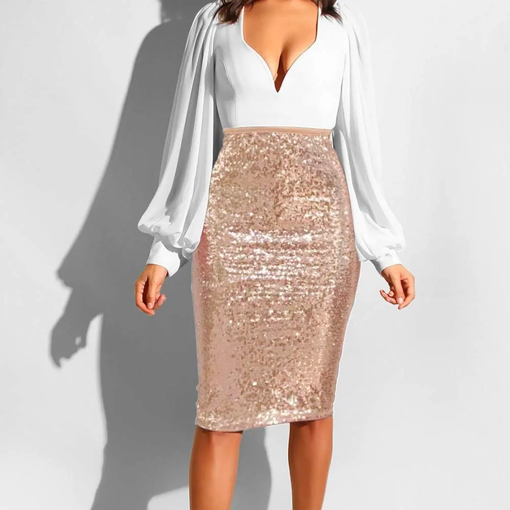 Women's Fashion Slim Fit High Waist Sparkly Sequins Midi Skirts Pencil Stretchy Bodycon Glitter Cocktail Party Skirt