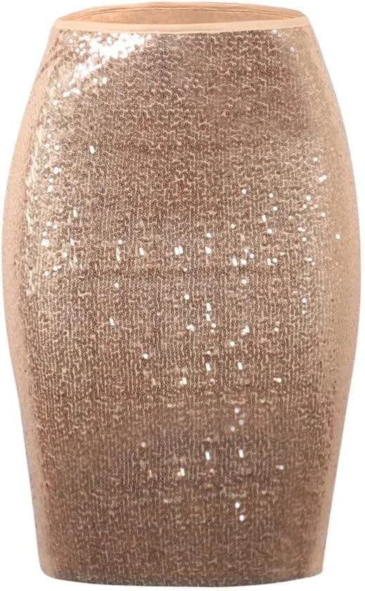 Women's Fashion Slim Fit High Waist Sparkly Sequins Midi Skirts Pencil Stretchy Bodycon Glitter Cocktail Party Skirt