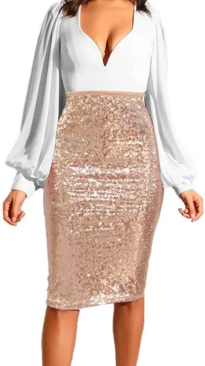 Women's Fashion Slim Fit High Waist Sparkly Sequins Midi Skirts Pencil Stretchy Bodycon Glitter Cocktail Party Skirt