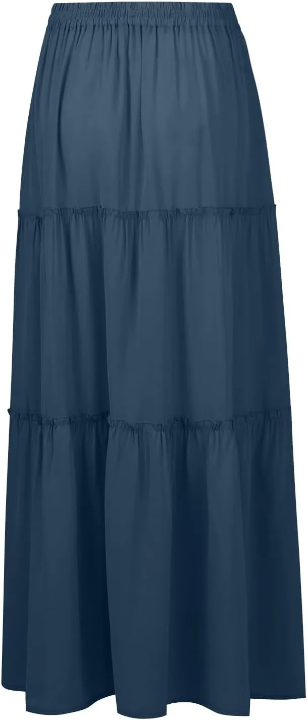 Women's Floral Print Midi Skirts 2025 Summer Aline Elastic High Waist Pleated Flowy Long Skirt Pockets Cute Skirts