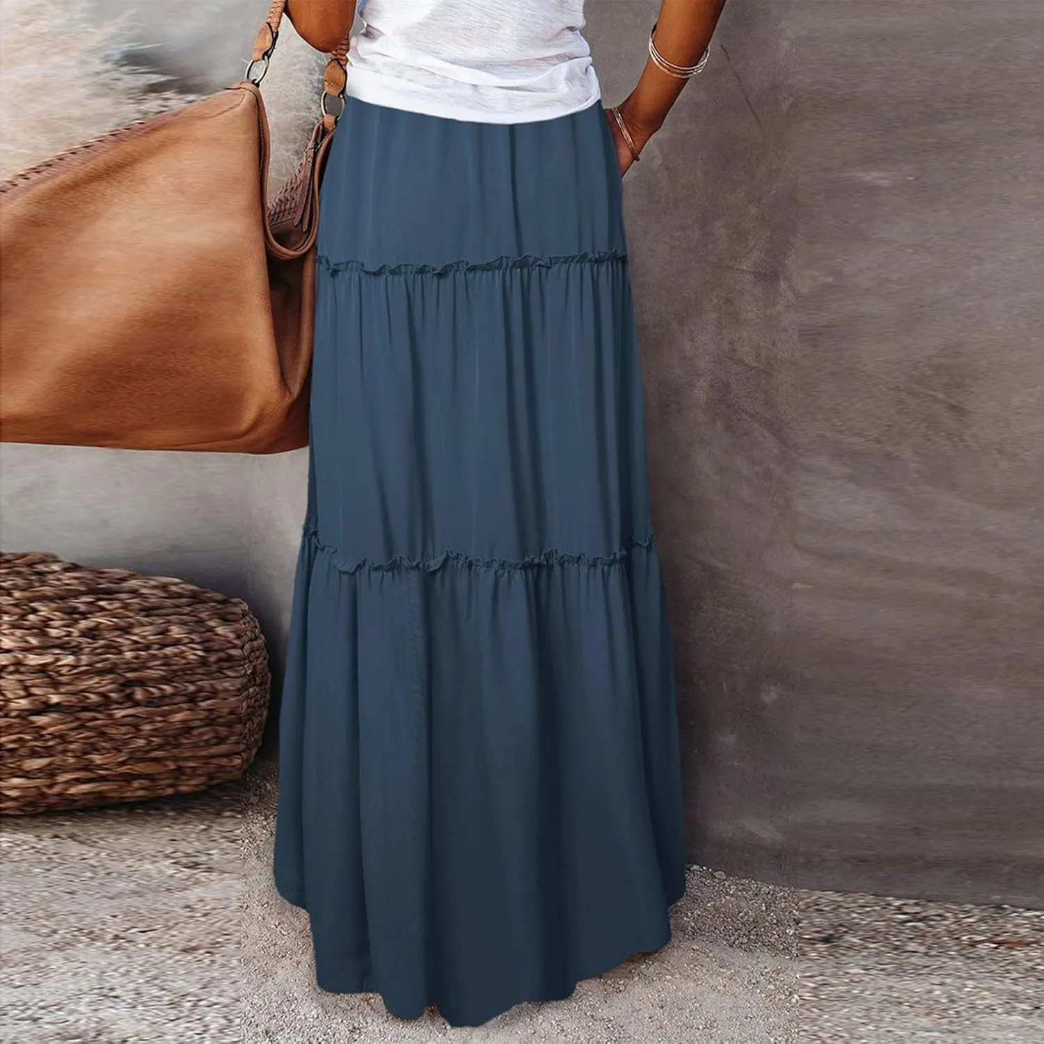 Women's Floral Print Midi Skirts 2025 Summer Aline Elastic High Waist Pleated Flowy Long Skirt Pockets Cute Skirts
