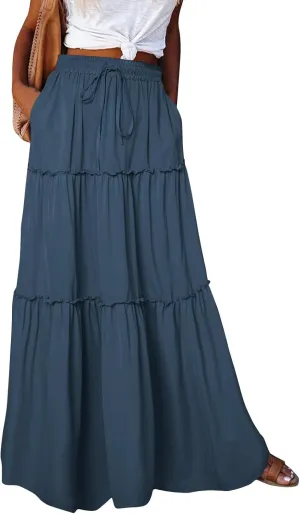 Women's Floral Print Midi Skirts 2025 Summer Aline Elastic High Waist Pleated Flowy Long Skirt Pockets Cute Skirts