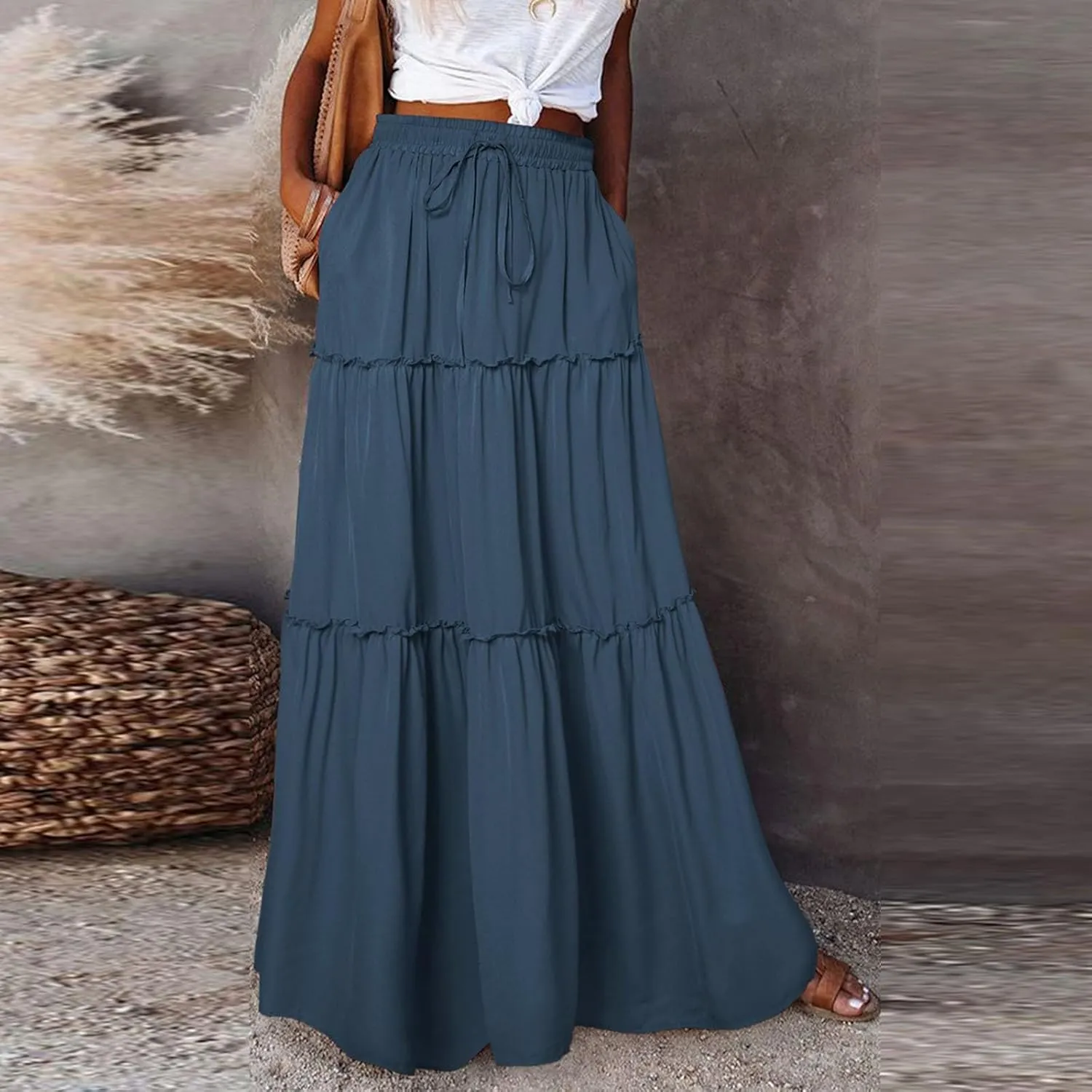 Women's Floral Print Midi Skirts 2025 Summer Aline Elastic High Waist Pleated Flowy Long Skirt Pockets Cute Skirts