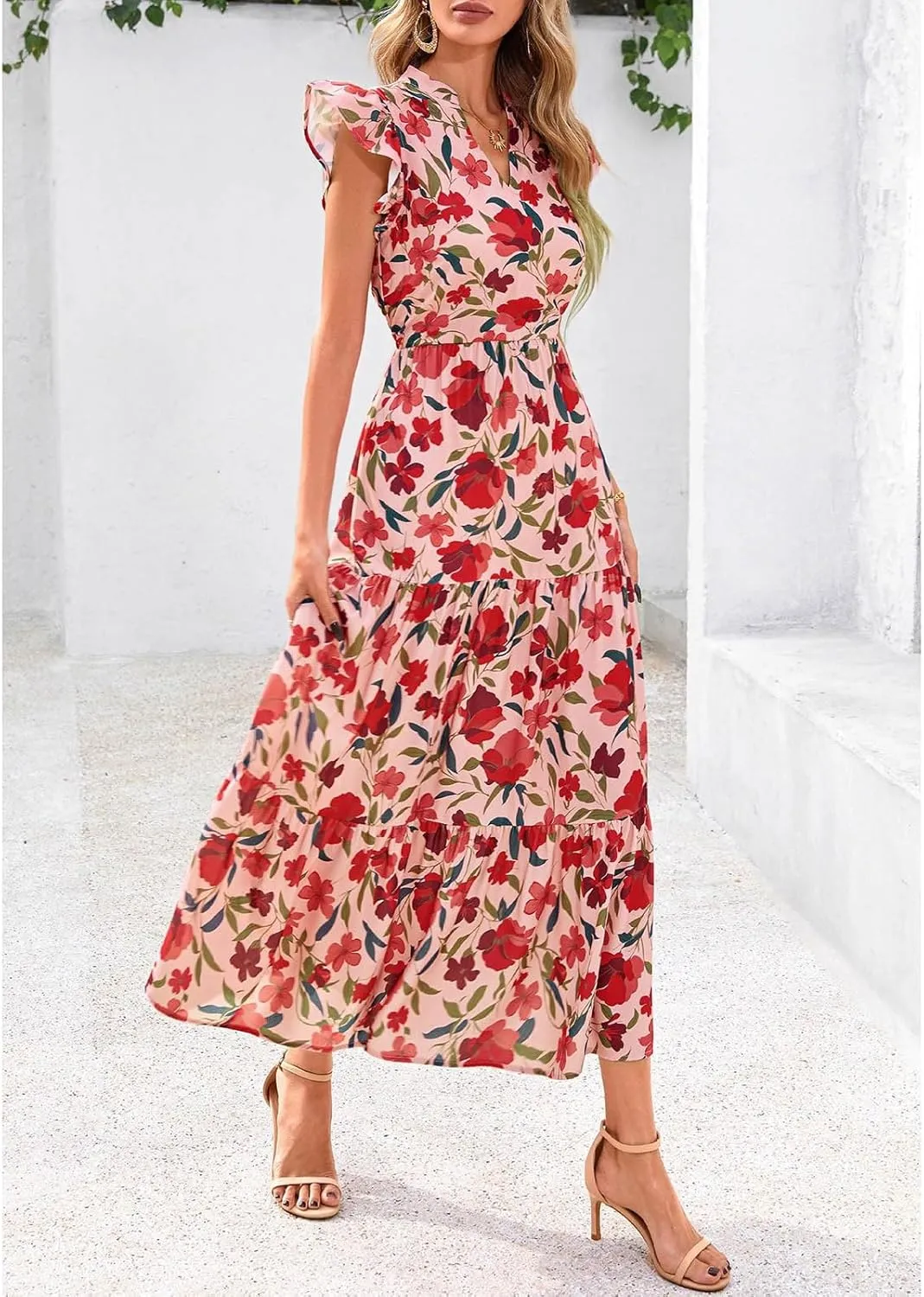 Women's Floral Wrap V-Neck Midi Dress Short Sleeve Boho Summer Beach Long Dress High Low Hem Smocked Dress Women