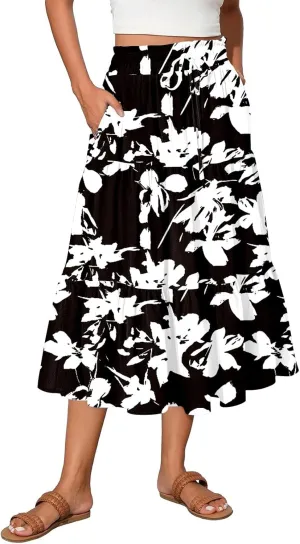 Women's Flowy Midi Skirt Pleated High Stretch Waisted Casual Boho Long Skirts with Pockets, S-2XL