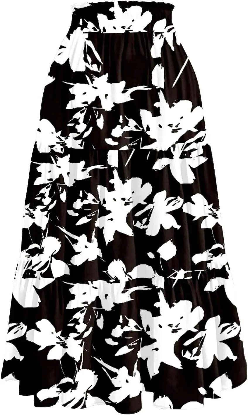 Women's Flowy Midi Skirt Pleated High Stretch Waisted Casual Boho Long Skirts with Pockets, S-2XL