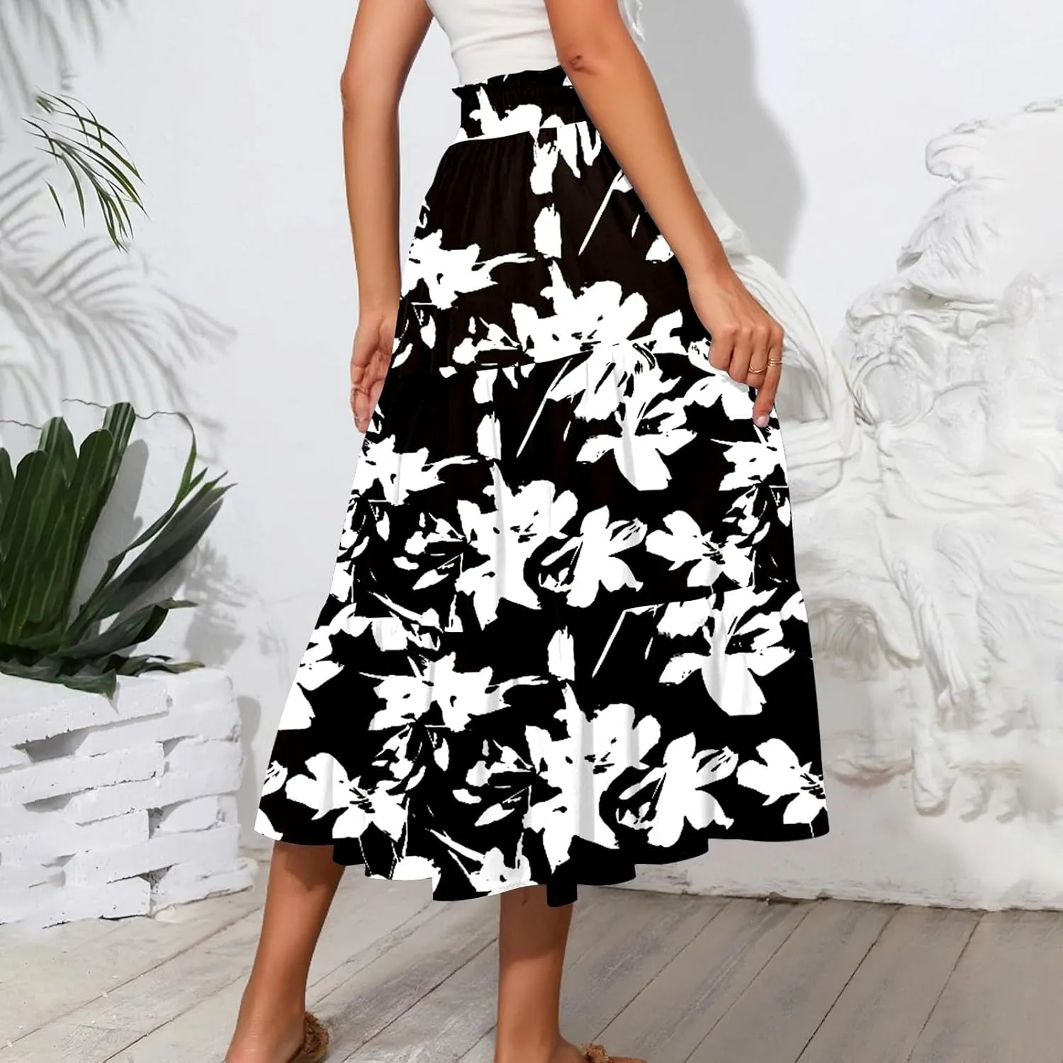Women's Flowy Midi Skirt Pleated High Stretch Waisted Casual Boho Long Skirts with Pockets, S-2XL