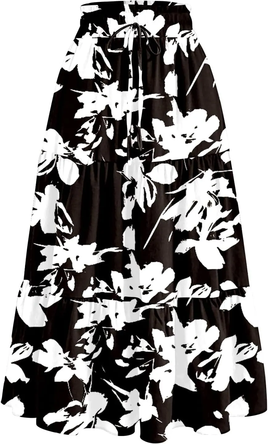 Women's Flowy Midi Skirt Pleated High Stretch Waisted Casual Boho Long Skirts with Pockets, S-2XL