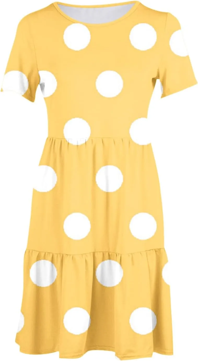 Womens Graphic T-Shirt Dress with Pockets Summer Scoop Neck Ruffle Dress Casual Soft Dot Print Short Sleeve Sundress