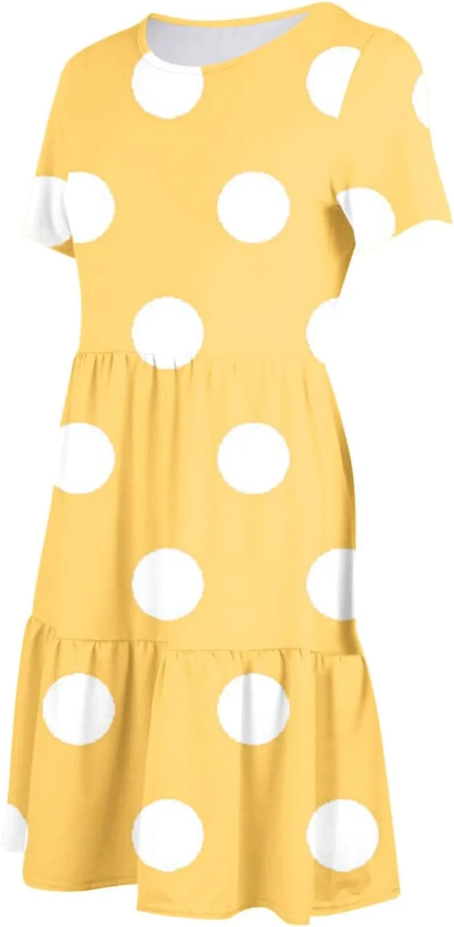 Womens Graphic T-Shirt Dress with Pockets Summer Scoop Neck Ruffle Dress Casual Soft Dot Print Short Sleeve Sundress