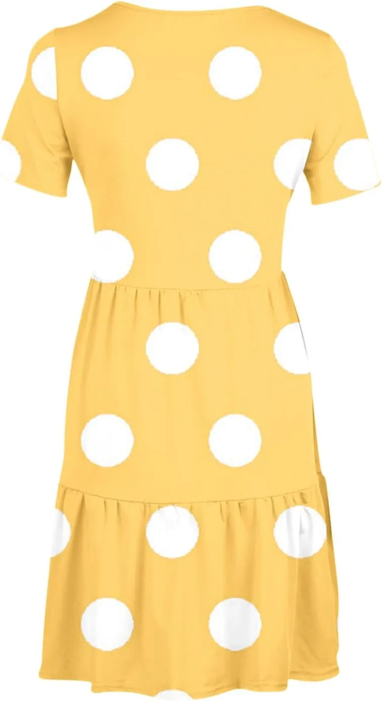 Womens Graphic T-Shirt Dress with Pockets Summer Scoop Neck Ruffle Dress Casual Soft Dot Print Short Sleeve Sundress