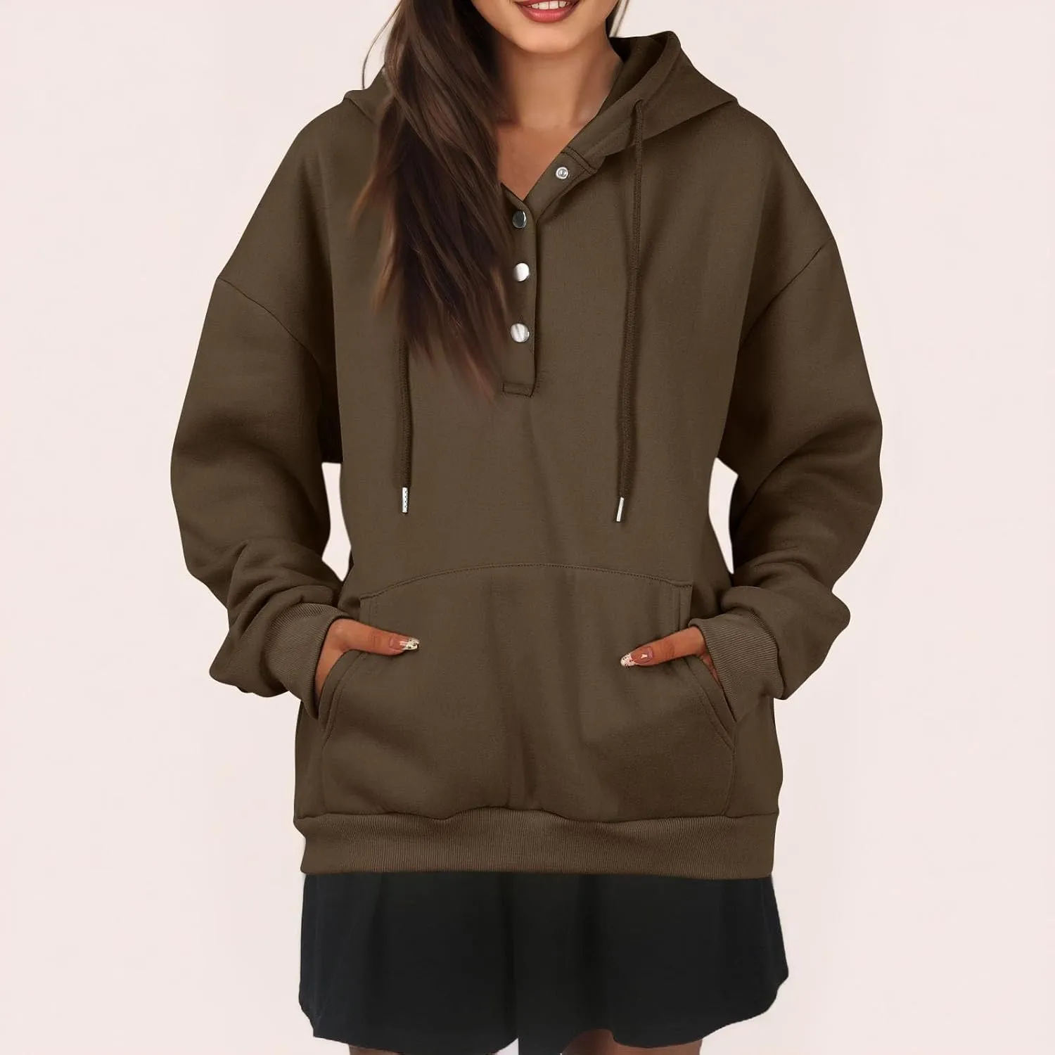 Womens Half Button Collar Hoodies Drawstring Oversized Hooded Sweatshirts Casual Long Sleeve Loose Pullover Tops
