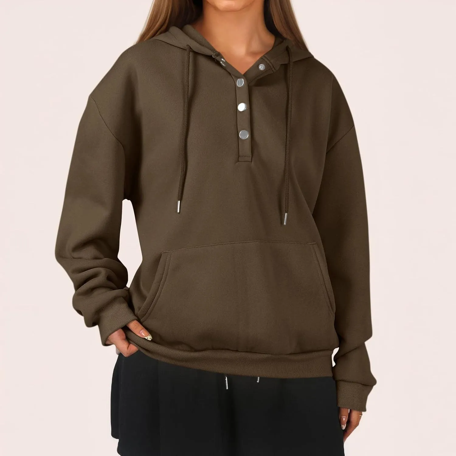 Womens Half Button Collar Hoodies Drawstring Oversized Hooded Sweatshirts Casual Long Sleeve Loose Pullover Tops