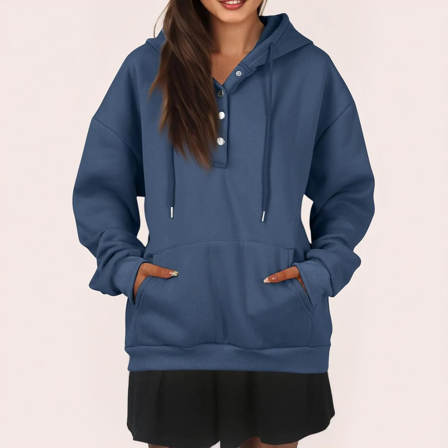 Womens Half Button Collar Hoodies Drawstring Oversized Hooded Sweatshirts Casual Long Sleeve Loose Pullover Tops