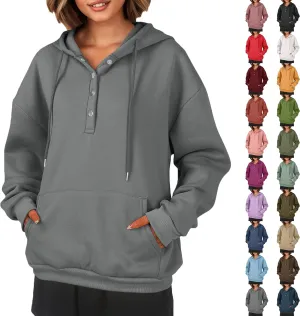 Womens Half Button Collar Hoodies Drawstring Oversized Hooded Sweatshirts Casual Long Sleeve Loose Pullover Tops