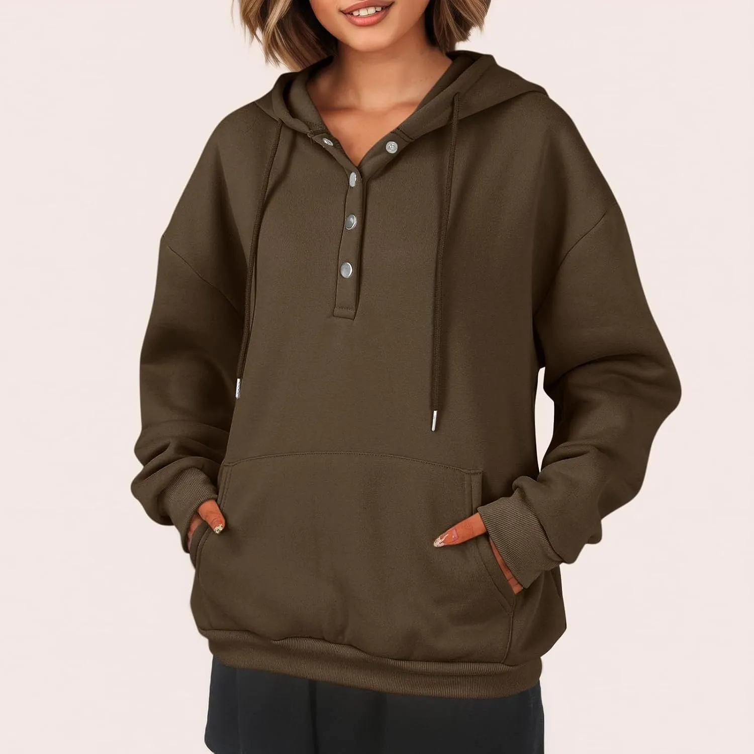 Womens Half Button Collar Hoodies Drawstring Oversized Hooded Sweatshirts Casual Long Sleeve Loose Pullover Tops