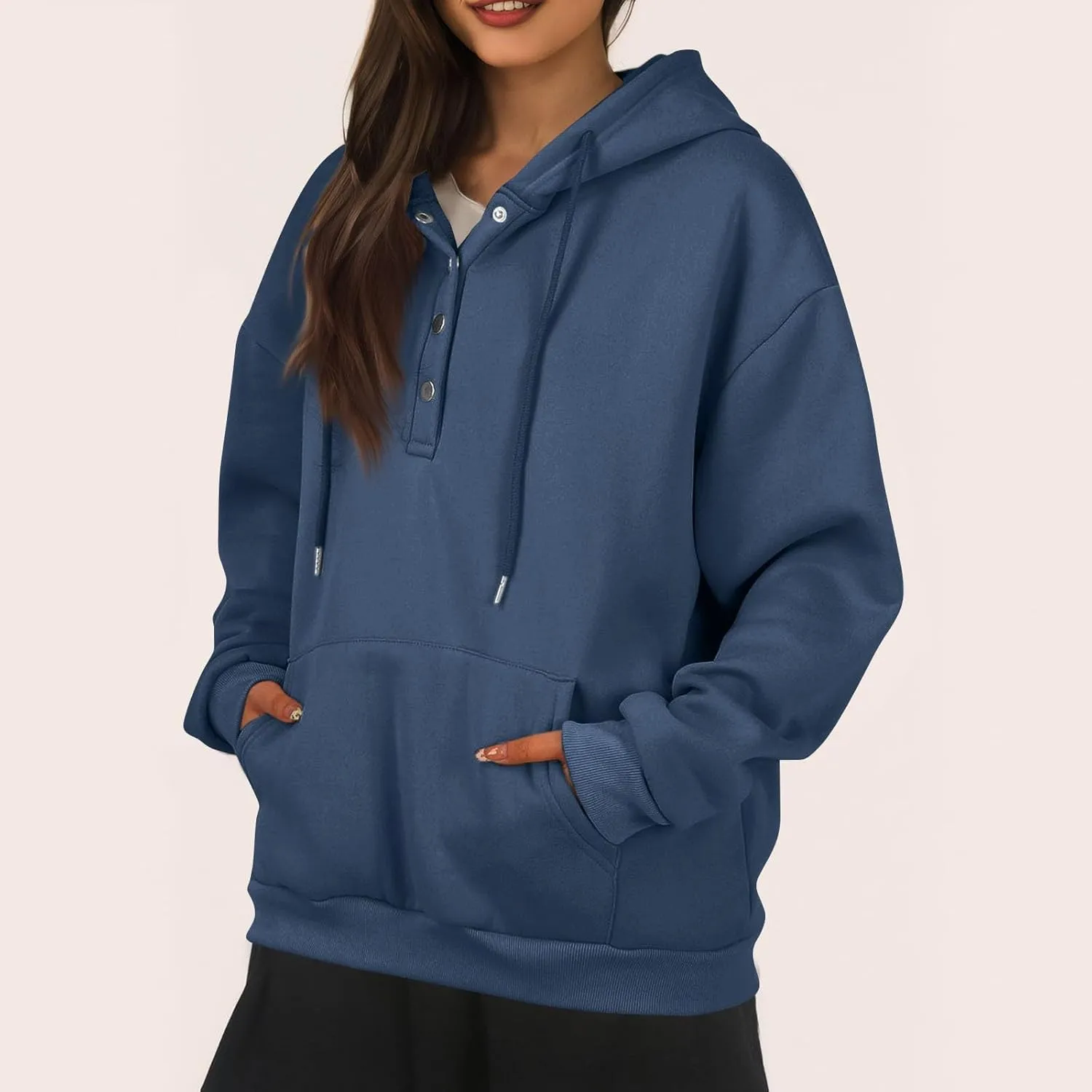 Womens Half Button Collar Hoodies Drawstring Oversized Hooded Sweatshirts Casual Long Sleeve Loose Pullover Tops