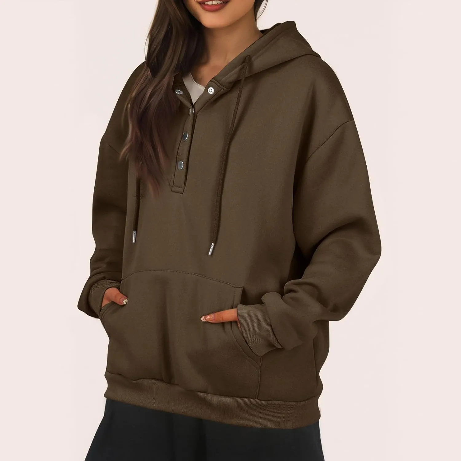Womens Half Button Collar Hoodies Drawstring Oversized Hooded Sweatshirts Casual Long Sleeve Loose Pullover Tops