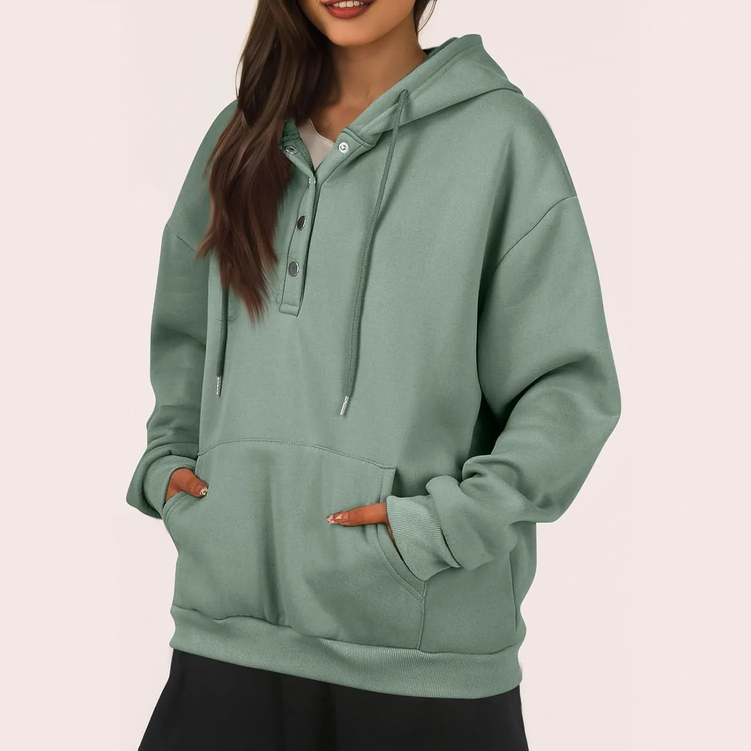 Womens Half Button Collar Hoodies Drawstring Oversized Hooded Sweatshirts Casual Long Sleeve Loose Pullover Tops