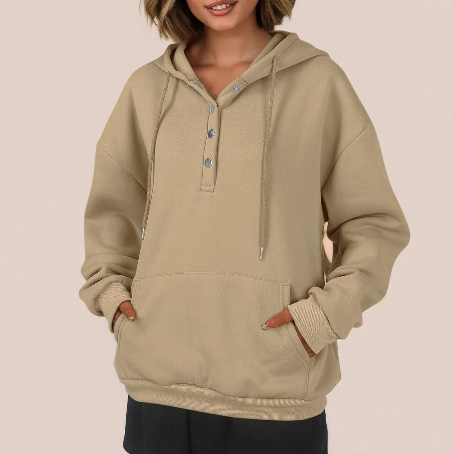 Womens Half Button Collar Hoodies Drawstring Oversized Hooded Sweatshirts Casual Long Sleeve Loose Pullover Tops
