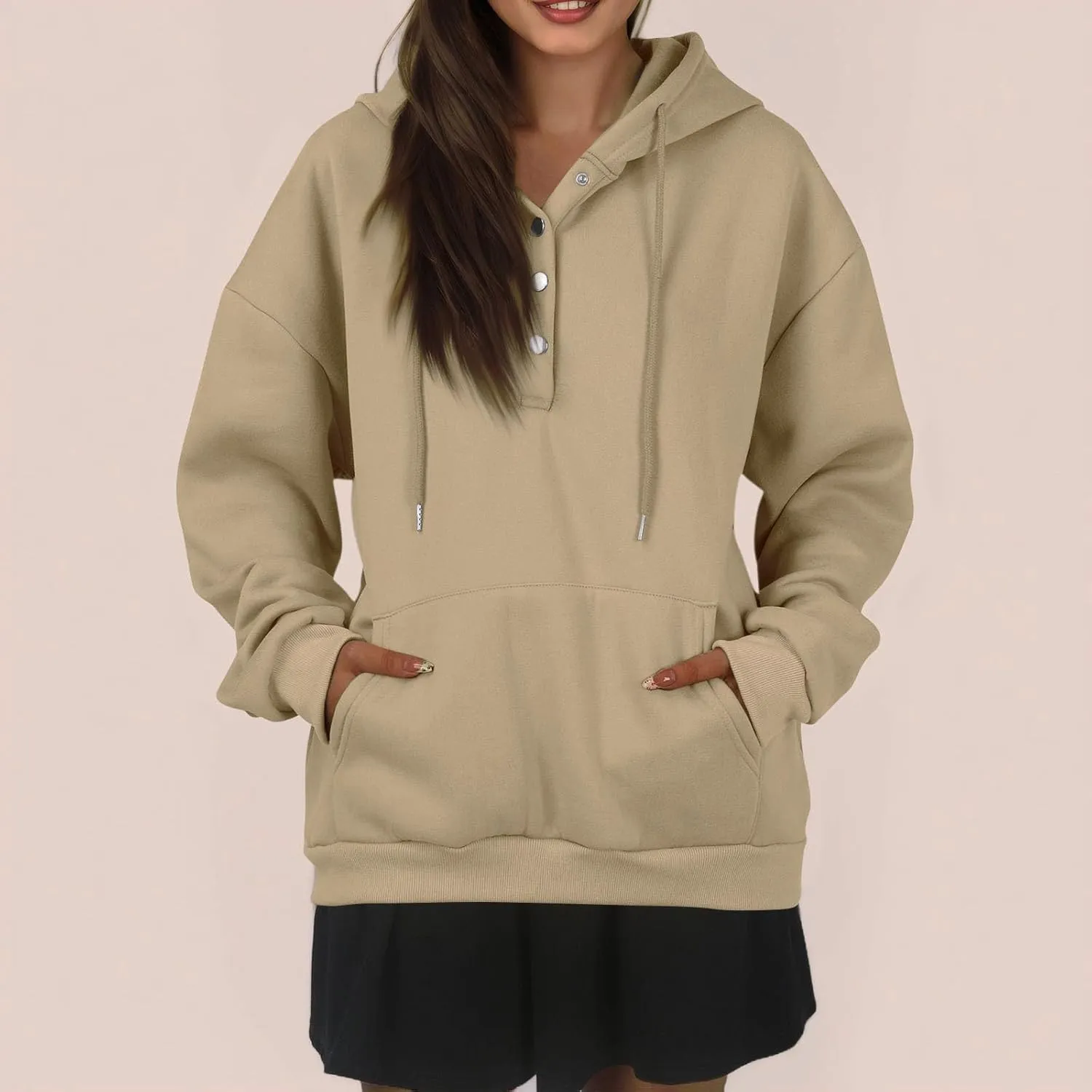 Womens Half Button Collar Hoodies Drawstring Oversized Hooded Sweatshirts Casual Long Sleeve Loose Pullover Tops