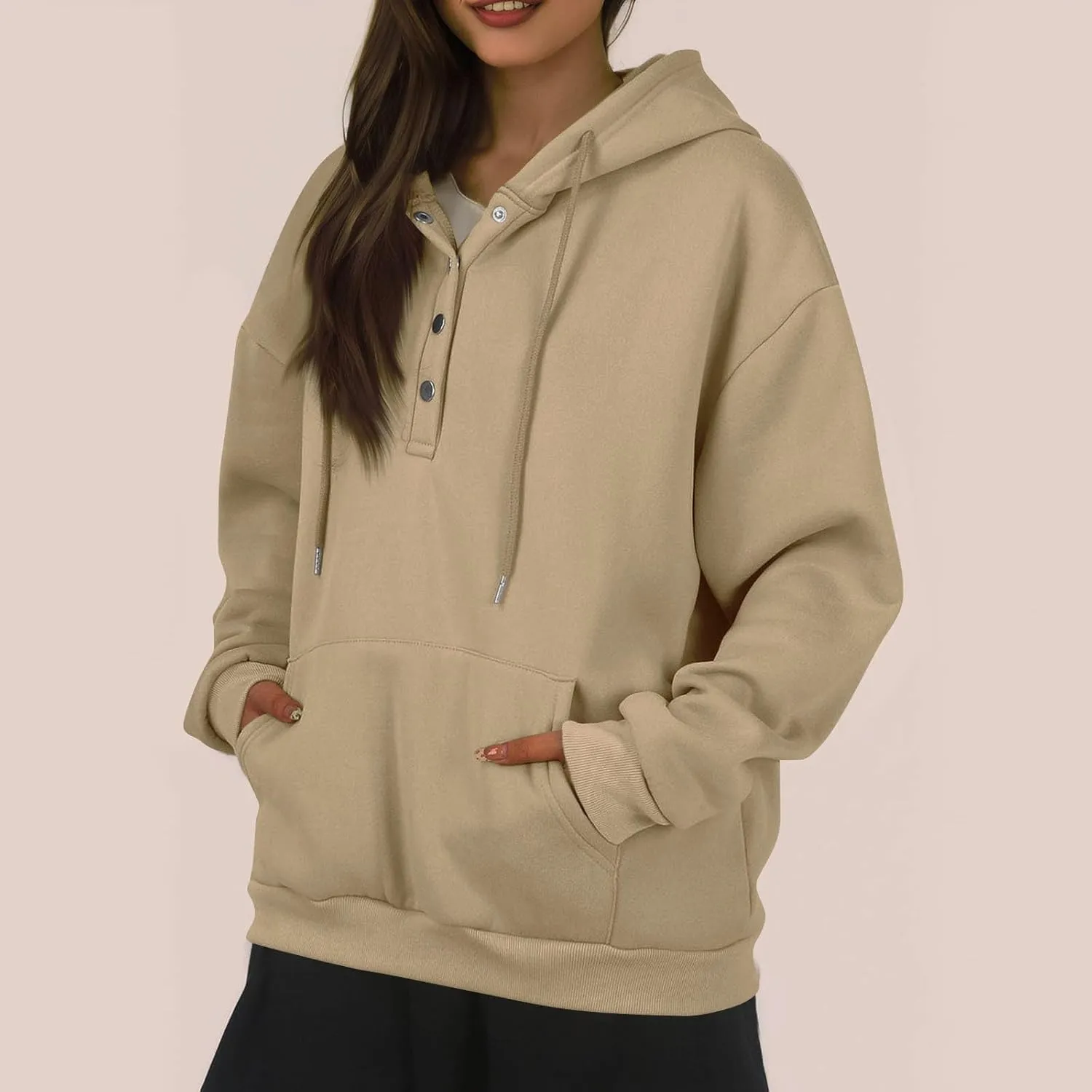 Womens Half Button Collar Hoodies Drawstring Oversized Hooded Sweatshirts Casual Long Sleeve Loose Pullover Tops