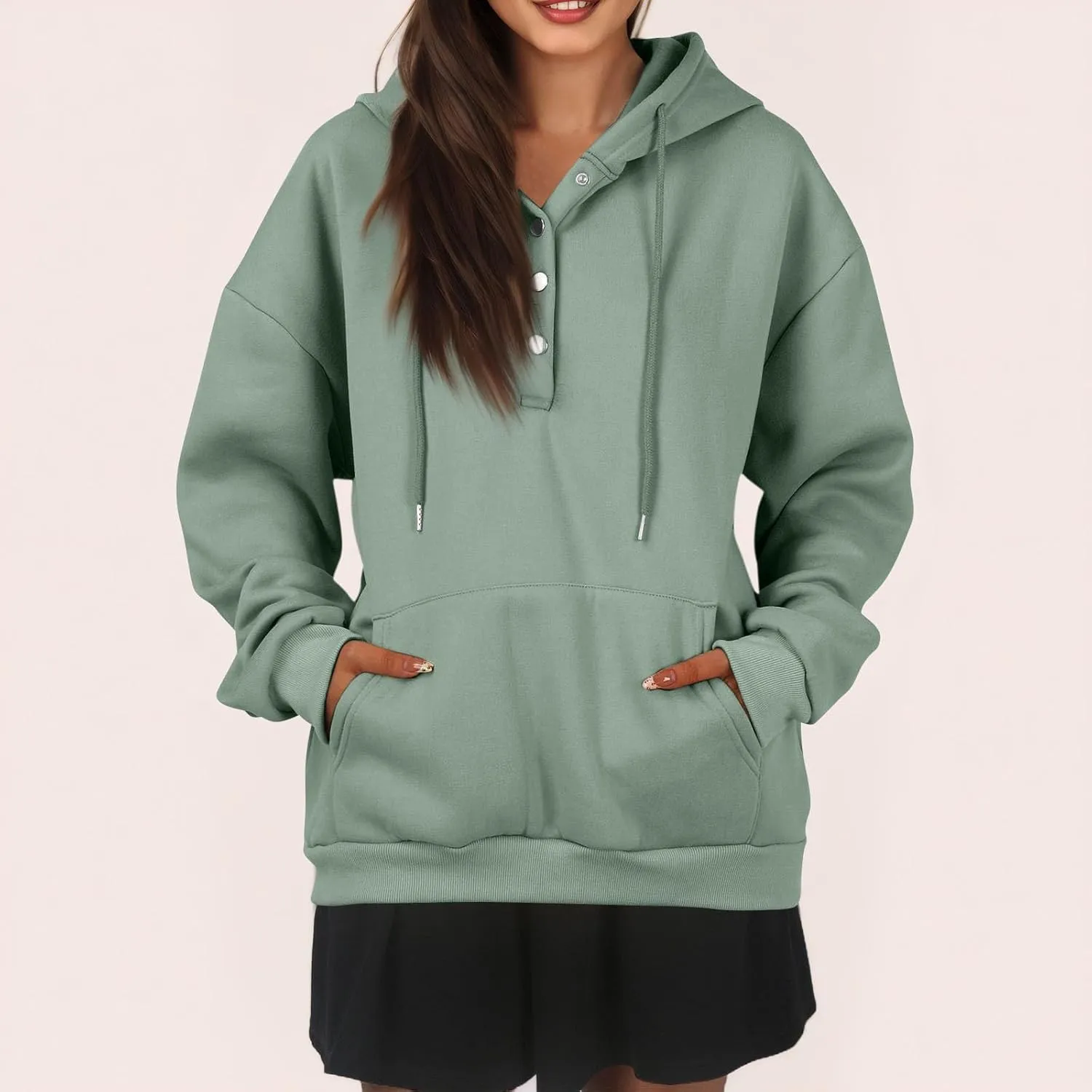 Womens Half Button Collar Hoodies Drawstring Oversized Hooded Sweatshirts Casual Long Sleeve Loose Pullover Tops
