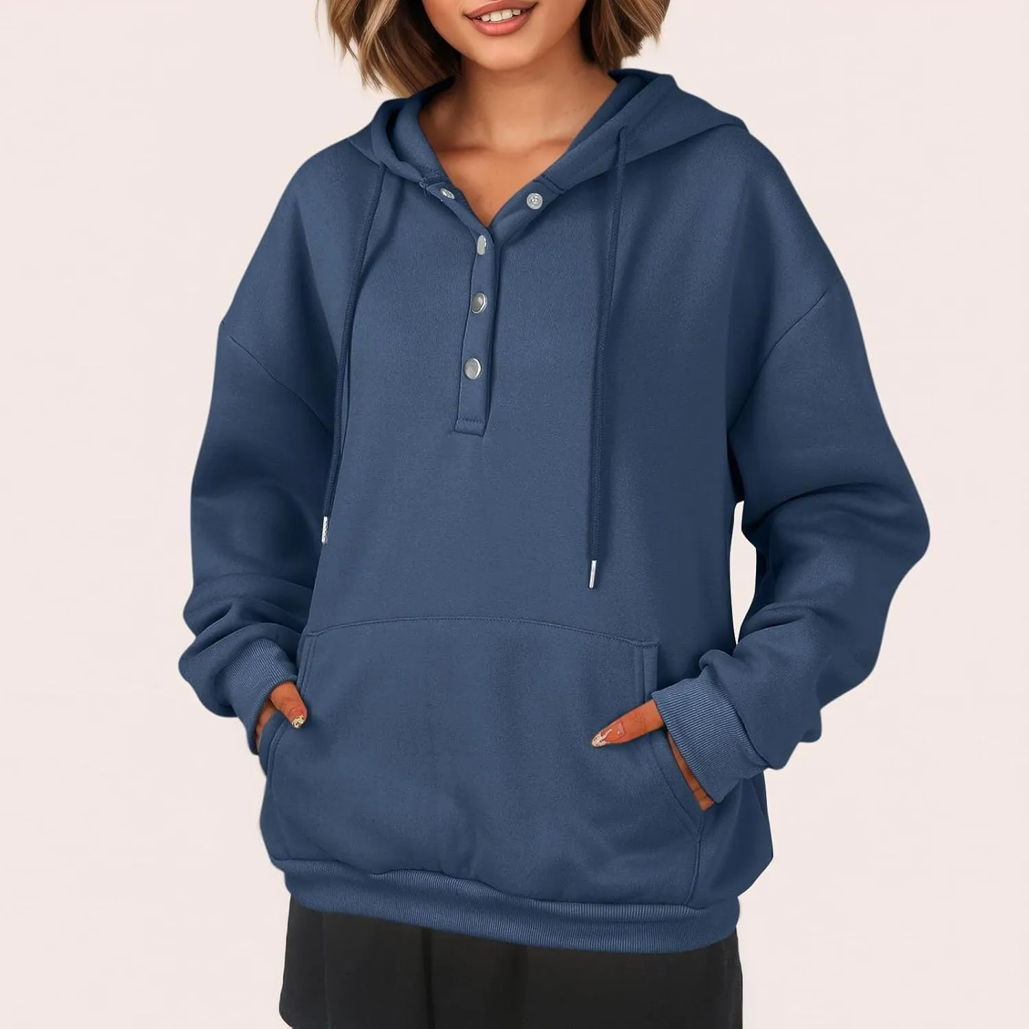 Womens Half Button Collar Hoodies Drawstring Oversized Hooded Sweatshirts Casual Long Sleeve Loose Pullover Tops
