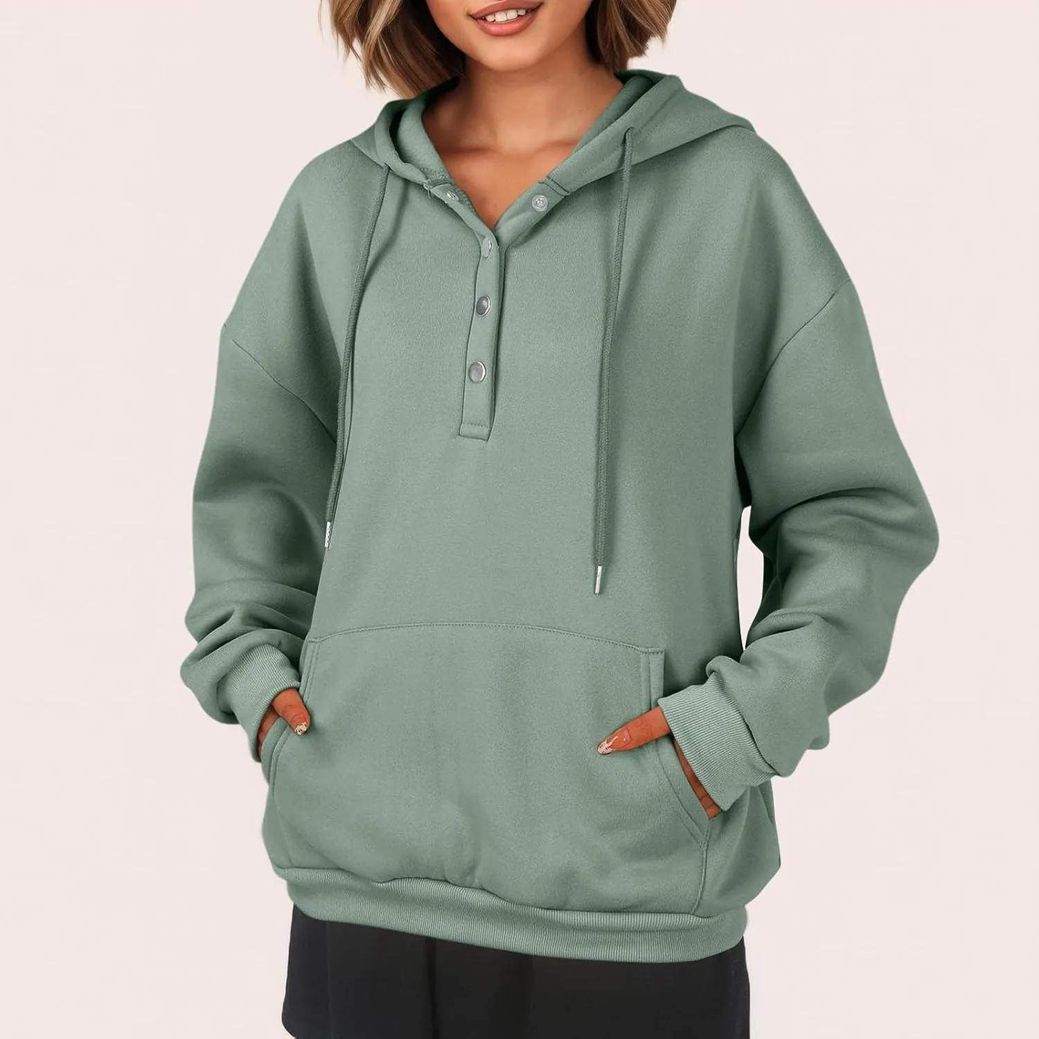 Womens Half Button Collar Hoodies Drawstring Oversized Hooded Sweatshirts Casual Long Sleeve Loose Pullover Tops