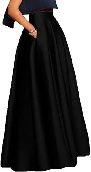 Womens Long Satin Maxi Skirts High Waist A-Line Pleated Formal Prom Party Skirts with Pockets