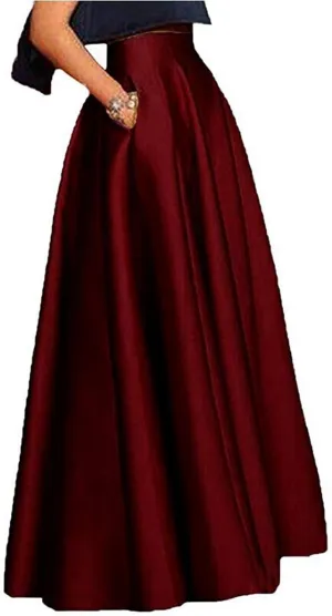 Womens Long Satin Maxi Skirts High Waist A-Line Pleated Formal Prom Party Skirts with Pockets