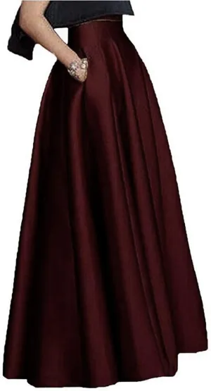Womens Long Satin Maxi Skirts High Waist A-Line Pleated Formal Prom Party Skirts with Pockets