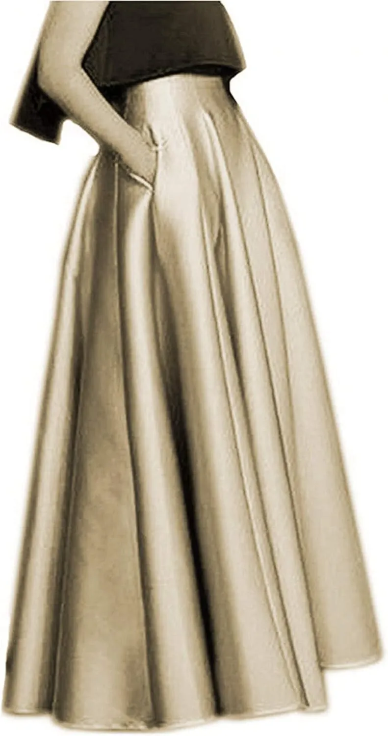 Womens Long Satin Maxi Skirts High Waist A-Line Pleated Formal Prom Party Skirts with Pockets