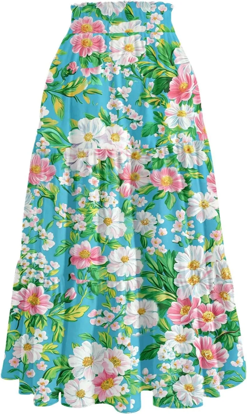 Womens Maxi Skirt Drawstring High Waisted Summer Skirts Lightweight Tiered Flowy Floral Pleated Skirts with Pockets
