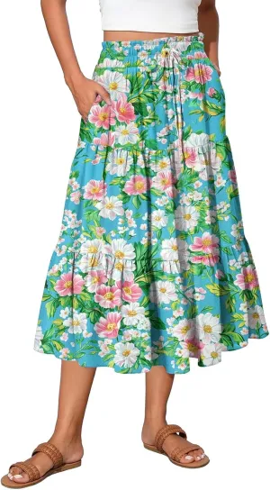 Womens Maxi Skirt Drawstring High Waisted Summer Skirts Lightweight Tiered Flowy Floral Pleated Skirts with Pockets