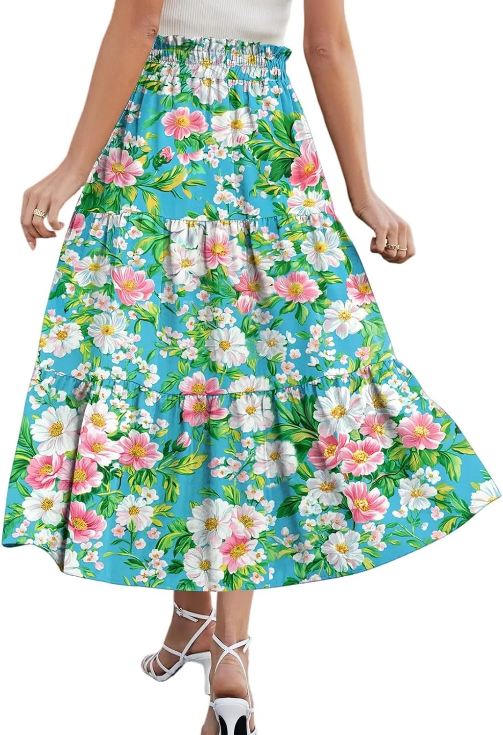 Womens Maxi Skirt Drawstring High Waisted Summer Skirts Lightweight Tiered Flowy Floral Pleated Skirts with Pockets
