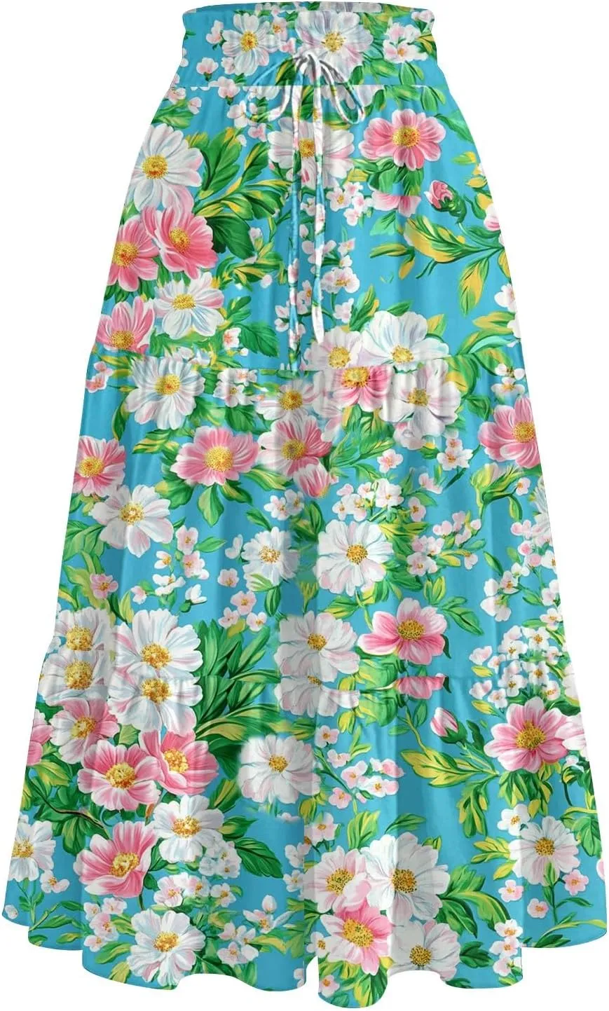 Womens Maxi Skirt Drawstring High Waisted Summer Skirts Lightweight Tiered Flowy Floral Pleated Skirts with Pockets