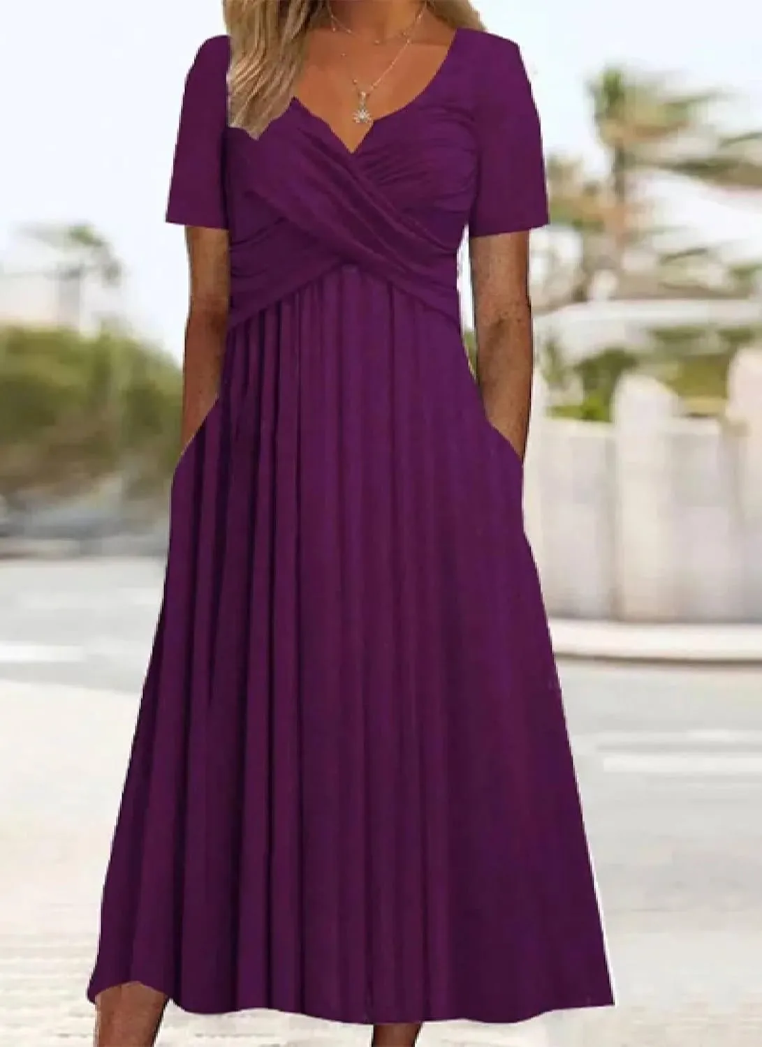 Women's Midi Dress Purple Short Sleeve V Neck Ruffle Fashion 2025 Summer Spring Daily Holiday Dress